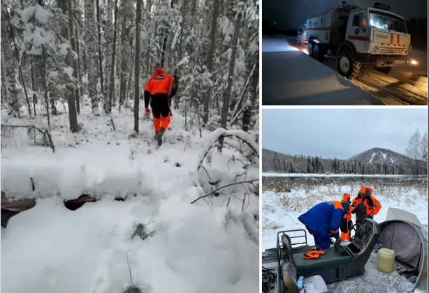 Спасатели работают в заснеженном лесу и на дороге.