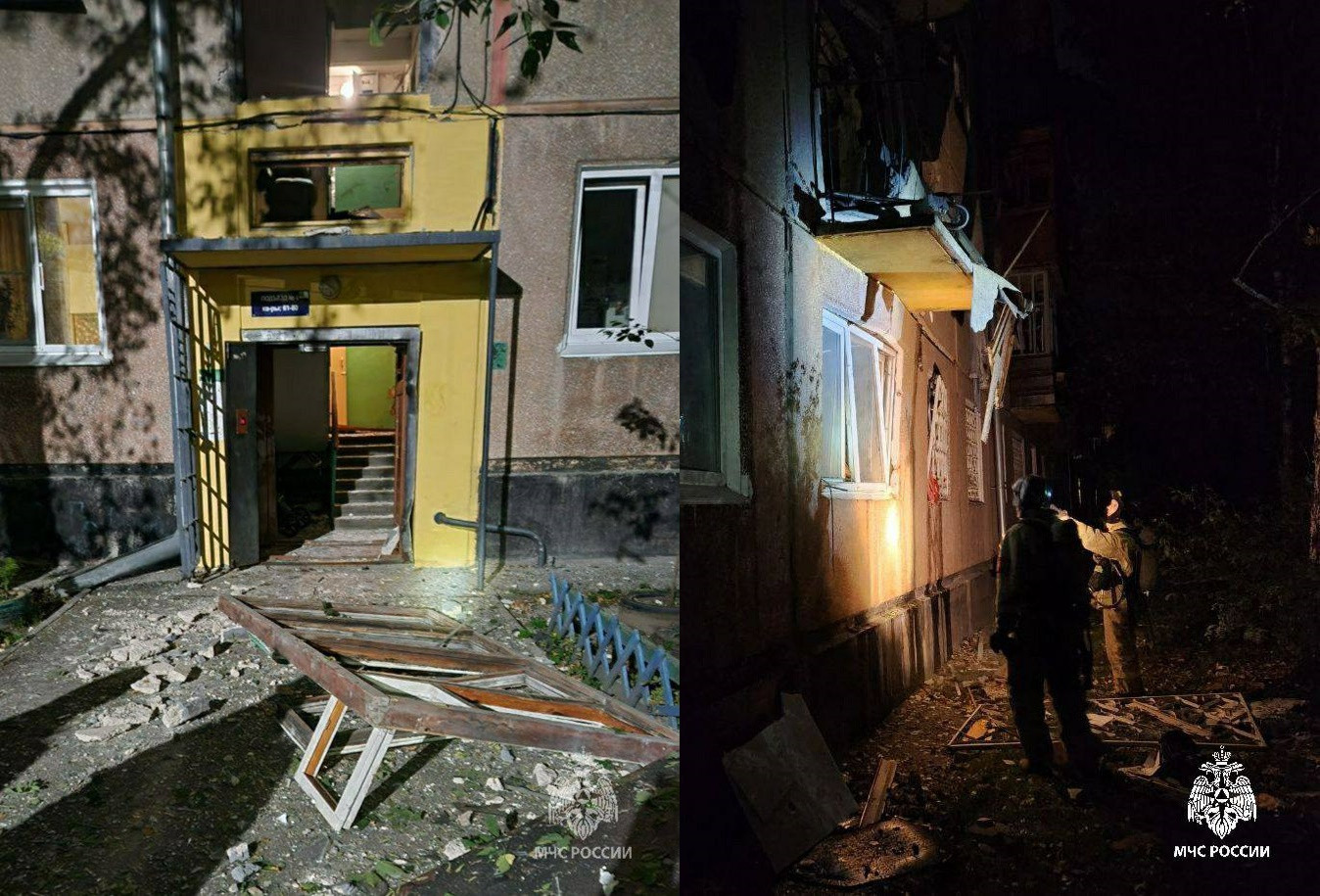 Повреждения стены здания ночью