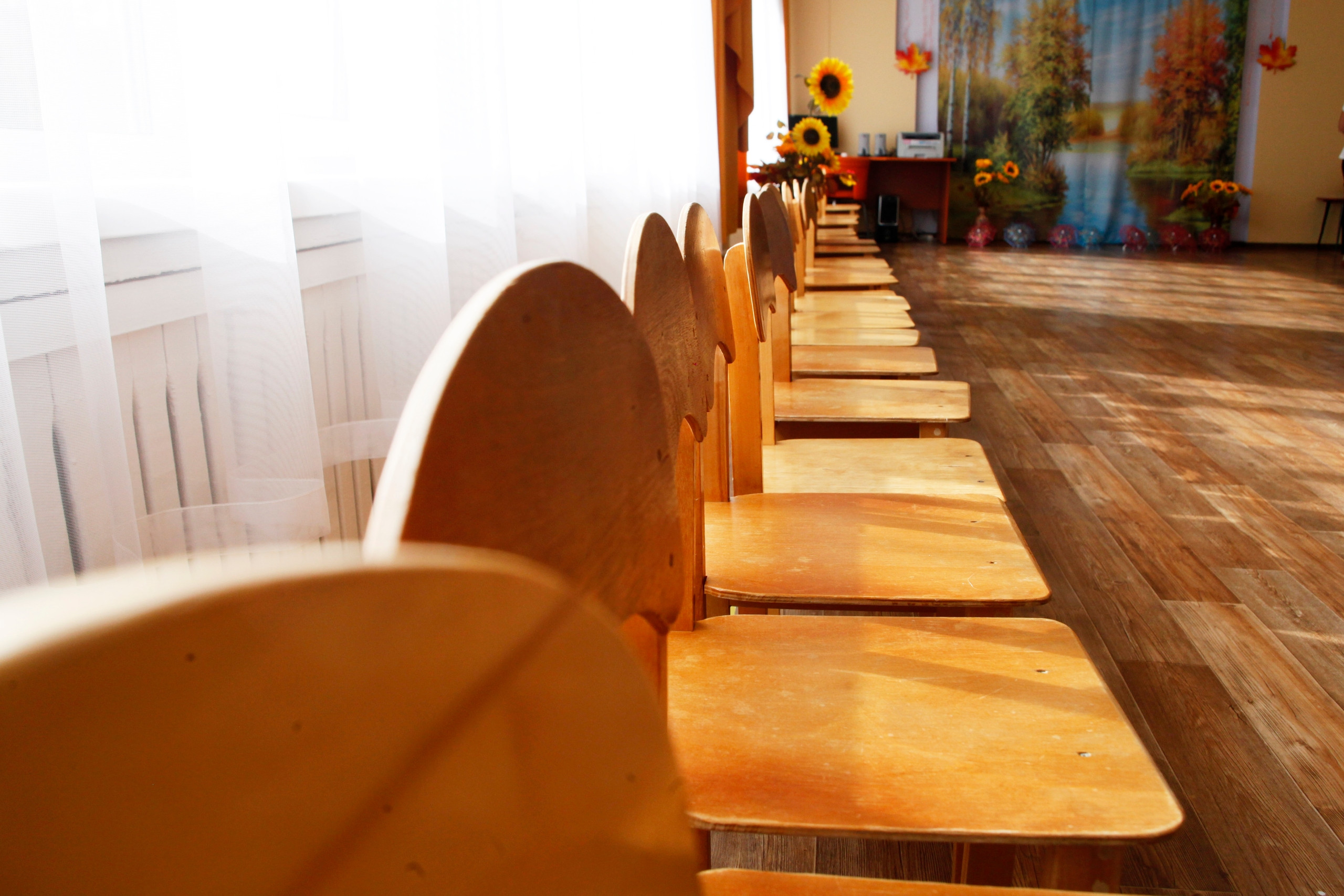 Ряд деревянных стульев в солнечной комнате