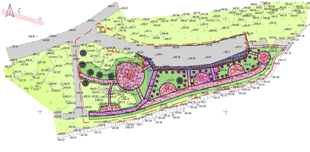 Генплан благоустройства участка с дорогами и деревьями.
