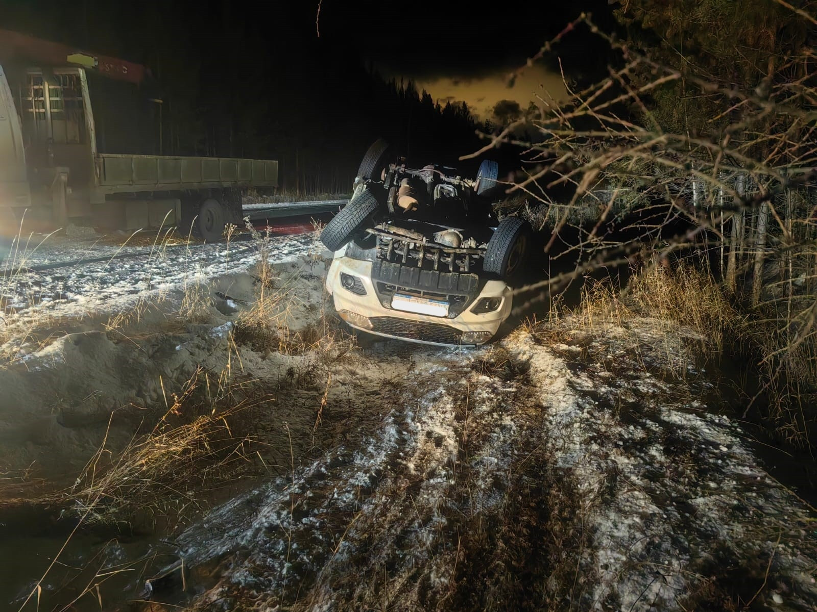 Перевернутая машина на заснеженной ночной дороге.
